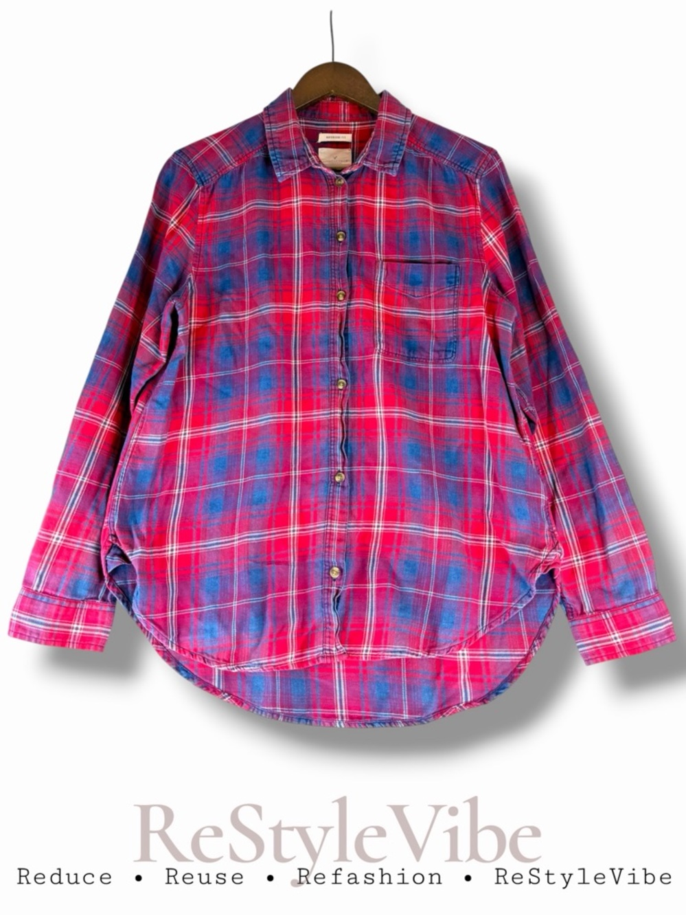 AMERICAN EAGLE Women’s Size L Shirt Plaid Button Down Flannel Boyfriend Fit